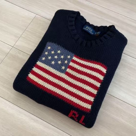 Vintage Ralph Lauren Blue Crew Neck Cotton Sweater with American Flag, Size L - Picture 1 of 5